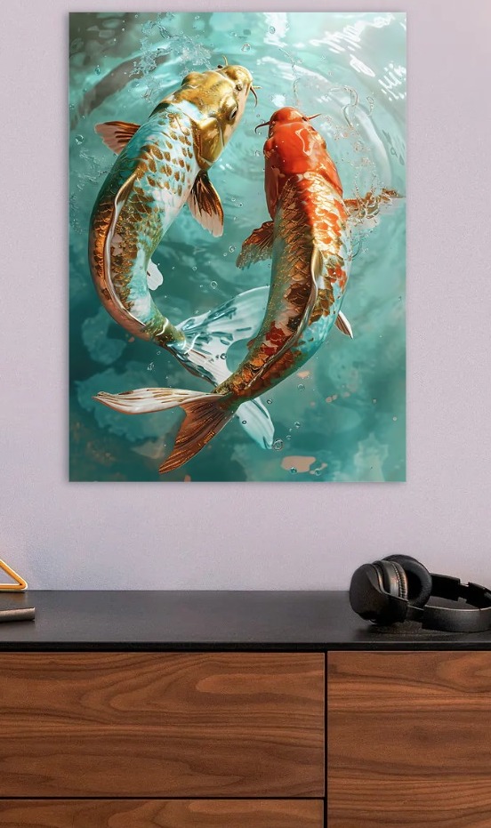 Two Koi Fish Swimming in Water — metal poster wall art by Lineer